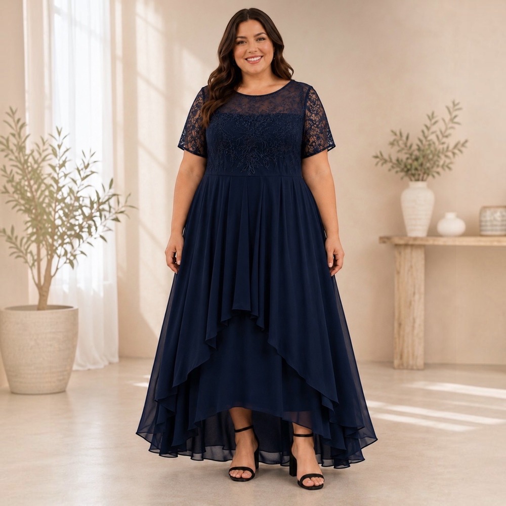 Plus Size 3XL Navy Lace Chiffon High‎ Low Formal Evening Dress Short Sleeve